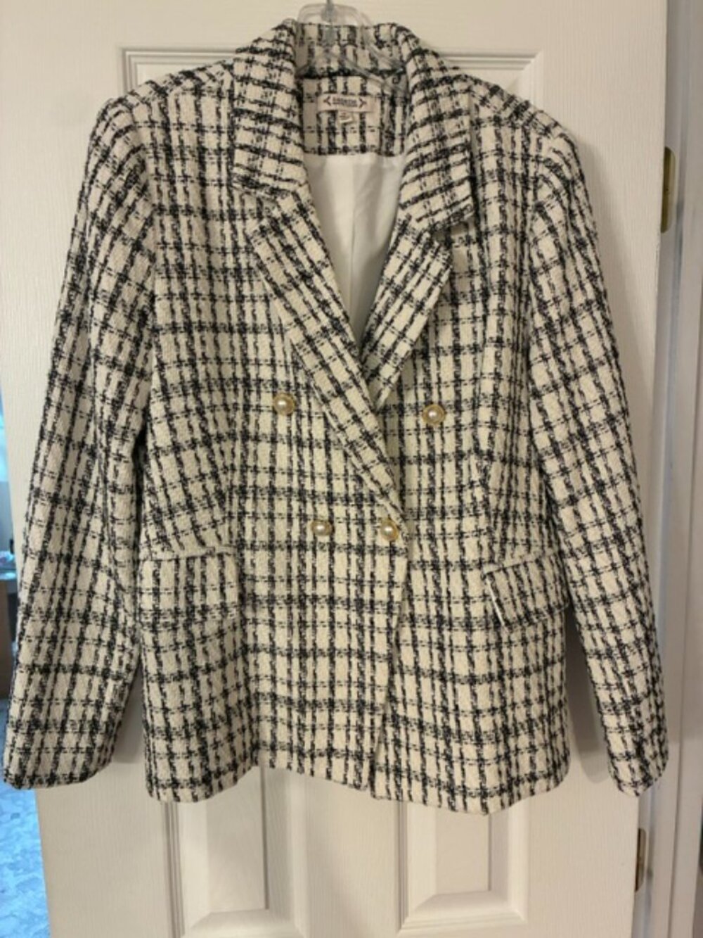 Women's Nanette Black White Tweed Double Breasted Pearl Button Blazer Jacket S14